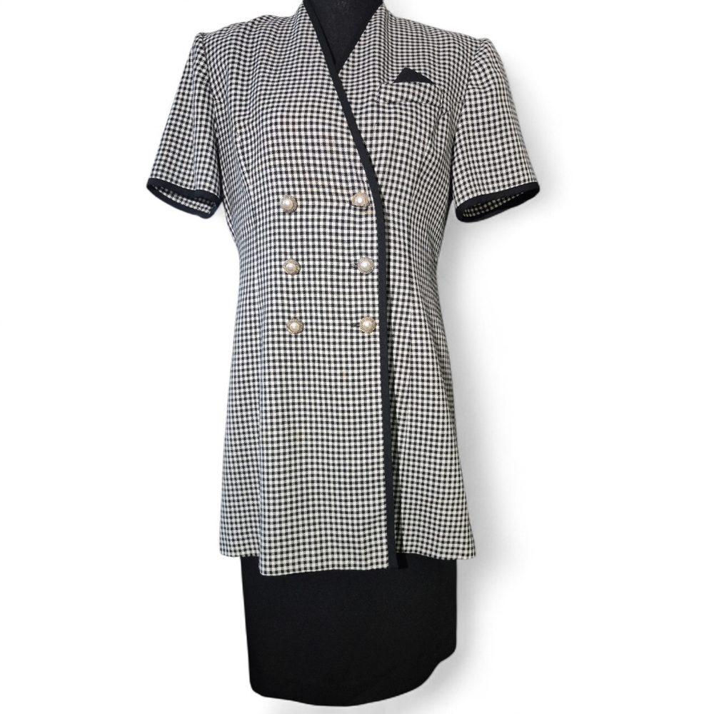 Vintage Leslie Fay Black & White Houndstooth Jacket Dress w/ Pearl Buttons Sz 8